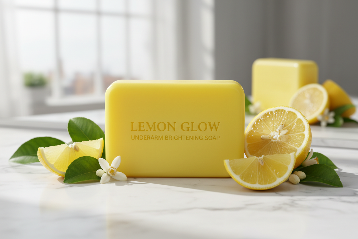 Bright yellow rectangle lemon soap bar with fresh lemon slices and green leaves on white marble